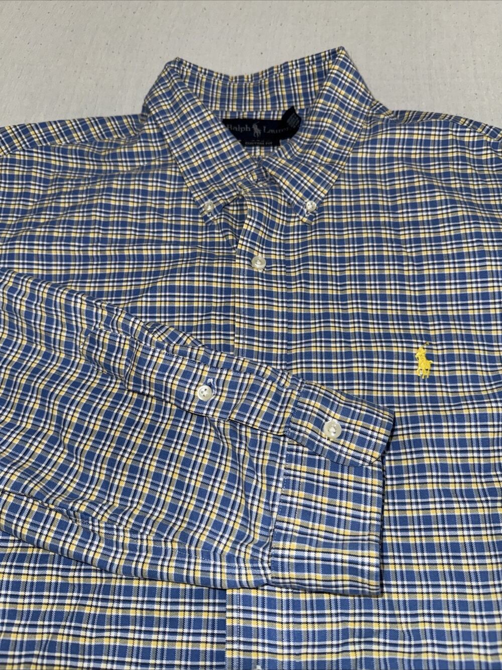 Ralph Lauren Mens XXL Custom Fit Plaid Short Sleeve Button Shirt Blue Yellow EUC